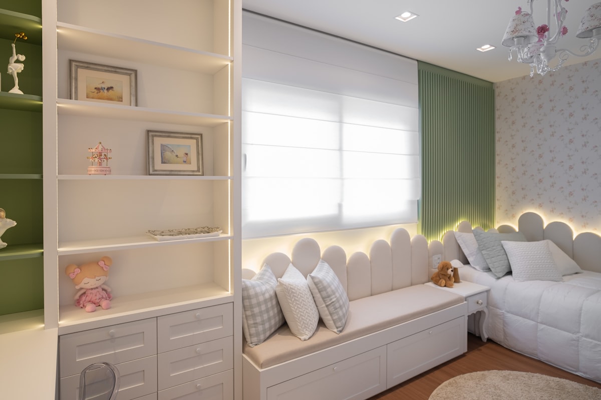 Bedroom furniture with a window seat and shelving